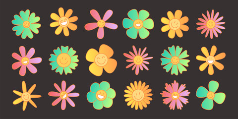 Colorful retro daisy flower set with rainbow gradient petals - groovy hippie style blooms in pink, orange, yellow and green for 70s design, psychedelic patterns and vintage spring decoration graphics.