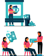 Create a Cash withdrawal set. Customer in bank office near cash department window give money deposit to bank teller and get banknotes from ATM. Payments concept. vector art with white background.