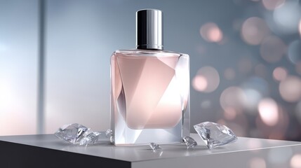 Square glass perfume bottle with silver cap on a white surface surrounded by clear diamonds against a soft focus