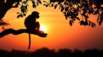 Silhouette of a monkey on a branch at sunset.