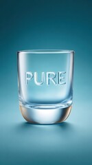 Clear glass with 'PURE' embossed on it partially filled with liquid set against a gradient blue background