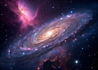 A magnificent galaxy in space, with glowing purple, blue and pink spiral nebulae