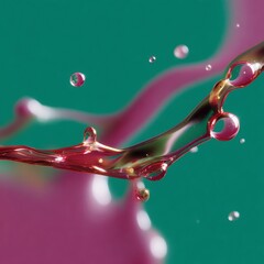Liquid splash of a transparent reddish fluid with water drops against a green backdrop creating a dynamic and abstract