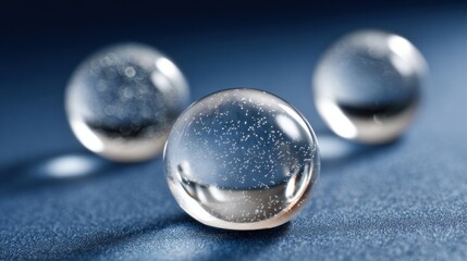 Three clear glass spheres with internal bubbles on a textured blue surface casting subtle shadows