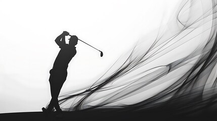 Silhouette of a golfer in action against a backdrop of abstract lines.