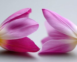 Close up of two separated tulip petals showing intricate textures and color gradients of pink magenta and white on a