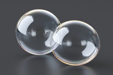 Two transparent soap bubbles resting on a gray surface exhibit light reflection and iridescent colors