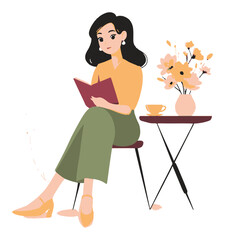Obraz premium Young Woman Reading a Book while Sitting with Floral Decoration and Coffee