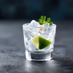 Clear glass filled with ice cubes clear liquid a lime wedge and a sprig of parsley on a dark gray surface