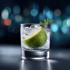 A clear glass containing a gin and tonic cocktail with ice lime wedge and a sprig of garnish set against a blurred bokeh