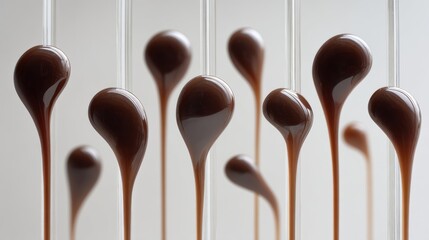 Brown glossy teardrop shaped forms on thin stems are set against a neutral background some in focus some blurred