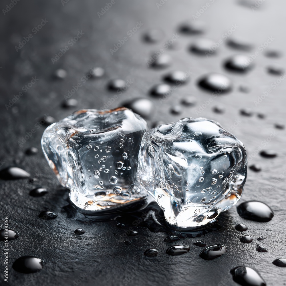 Poster two ice cubes sit on a dark textured surface surrounded by small water droplets and showing bubbles 
