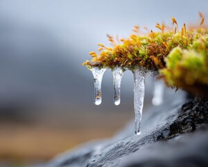 Close up shows icicles hanging from green and brown moss on a rock with droplets forming at the tips against a blurred