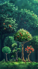 A whimsical forest scene features small apple trees with vibrant red fruit and lush green foliage creating a peaceful and idyllic landscape