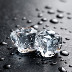 Two ice cubes sit on a dark textured surface surrounded by small water droplets and showing bubbles inside the ice