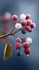 Frosted red and dark blue berries covered with ice crystals on a delicate branch against a blurred blue background