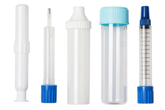 Sterile plastic applicators and vials used for testing isolated with transparent background
