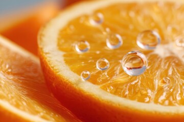 Close up image showcasing sliced oranges with water droplets on the surface of the fruit in bright vivid colours