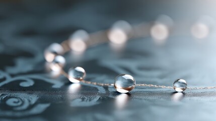 Delicate string of clear glass beads on a patterned dark blue surface in soft focus jewelry art