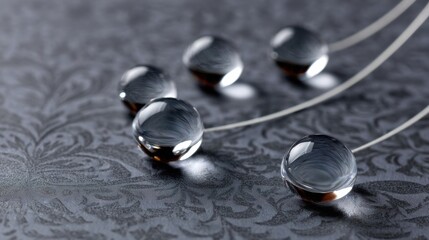 Five clear glass spheres are positioned on a patterned gray fabric surface connected by fine white strands
