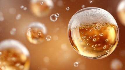 Effervescent beer bubbles float against a blurred amber background showcasing the liquid's golden hue and foamy head