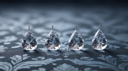 Four clear crystal teardrop pendants with gold bead caps arranged in a row on a patterned dark blue background surface