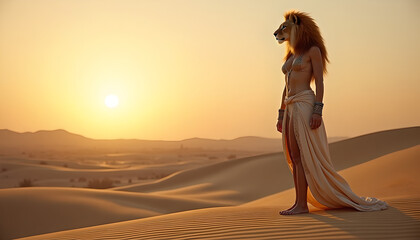 Lioness woman mythical standing against warm desert sunset
