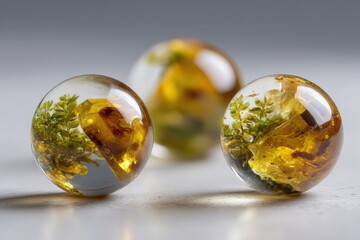 Three clear resin spheres encasing green plant sprigs and amber crystals sit on a gray surface in a macro studio shot