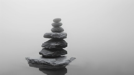 Obraz premium Balanced stones in a foggy landscape.