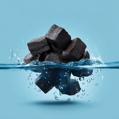 Chunks of black coal are stacked above and submerged in clear water with water droplets against a light blue background