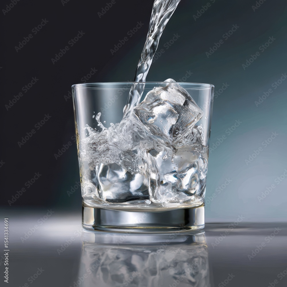 Poster water is poured into a glass with ice cubes creating a splash against a dark and reflective backgrou