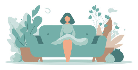 Fototapeta premium Woman Sitting on Sofa Surrounded by Plants in Minimalist Vector Style