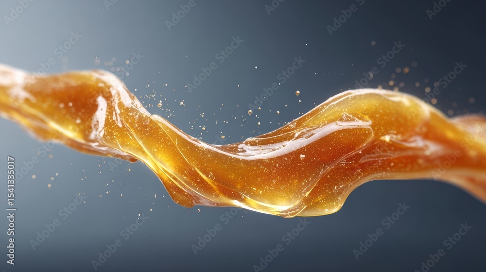 Poster viscous amber liquid flow with tiny droplets floating mid air against a dark gradient background