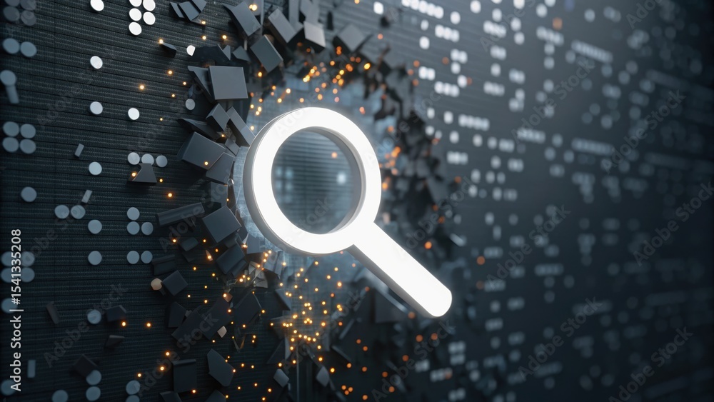 Poster digital magnifying glass breaking through a tech-themed background, symbolizing exploration and disc