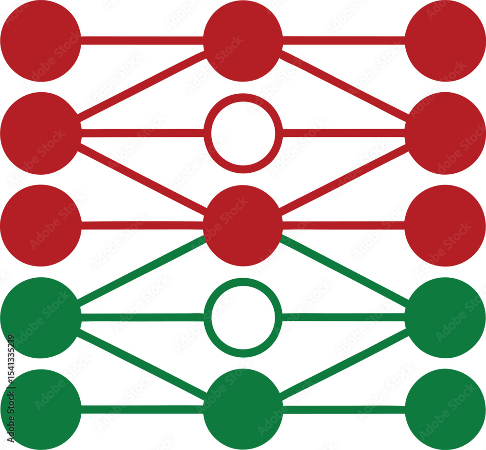 Poster abstract network diagram with red and green circles connected by lines on transparency