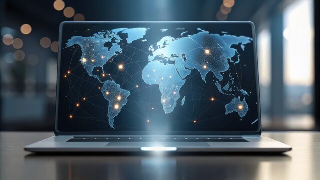 A laptop displaying a digital world map with network connections, symbolizing global connectivity and technology.