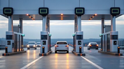 A toll booth scene at dusk with vehicles approaching, illuminated by lights, creating a dynamic transportation ambiance.