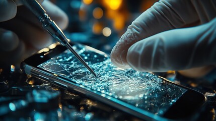 A skilled technician repairing a cracked smartphone screen with precision tools