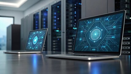 Two laptops with circuit designs on screens are placed on a table in a modern data center filled with server racks.