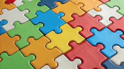 Fototapeta premium Colorful jigsaw puzzle pieces arranged together, showcasing vibrant hues and textures, inviting a playful and creative atmosphere.