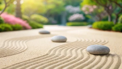  A serene garden path with smooth stones and gently raked sand, surrounded by lush greenery and blooming flowers, evoking tranquility and peace. © ng-TDRD