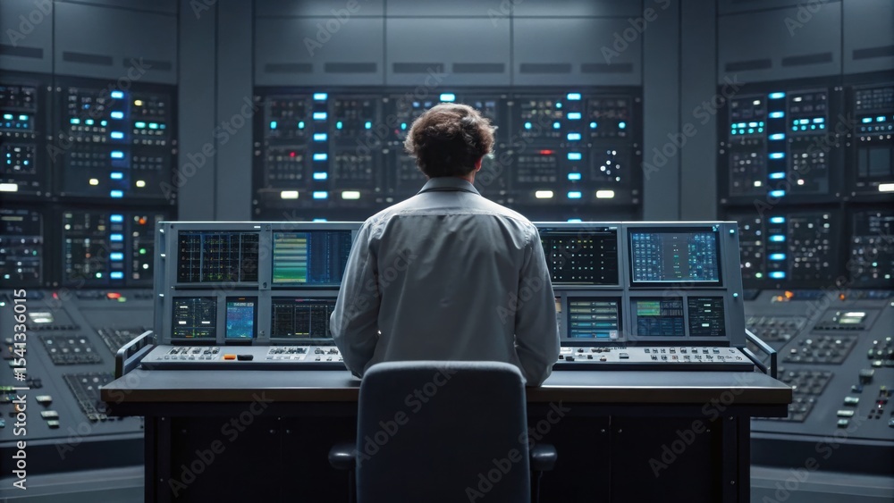 Poster a person operates a high-tech control room filled with screens and complex equipment, focusing on da