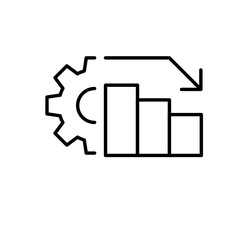 Low performance chart icon outline style. A declining bar graph with gear and downward arrow showing reduced efficiency or productivity drop. Thin line symbol vector illustration.