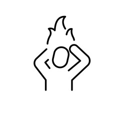 Mental burnout icon outline style. A person holding head with fire symbolizing psychological pressure, anxiety, or stress overload. Thin line symbol vector illustration.