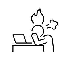 Work stress icon outline style. A person with head on desk and flame above symbolizing workplace burnout, frustration, or job overload. Thin line symbol vector illustration.