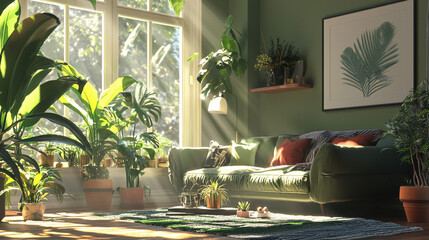 a living room realistic photo, stylish interior with plants, green colors 