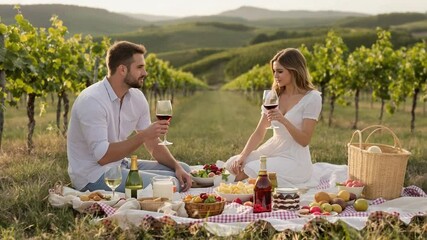 Vineyard Picnic: Couple Toasting Red Wine in Sunny Rural Landscape - Powered by Adobe