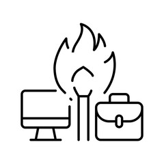 Work burnout icon Outline thin line symbol showing fire between computer and briefcase representing job stress and mental exhaustion