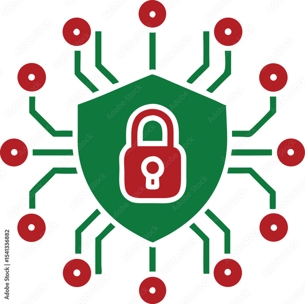 Poster digital security shield with red padlock circuit board protecting data networks