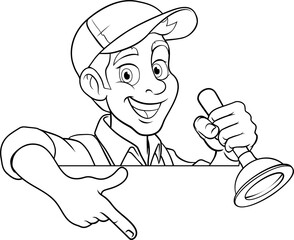 Plumber Drain Plunger Cartoon Handyman Pointing